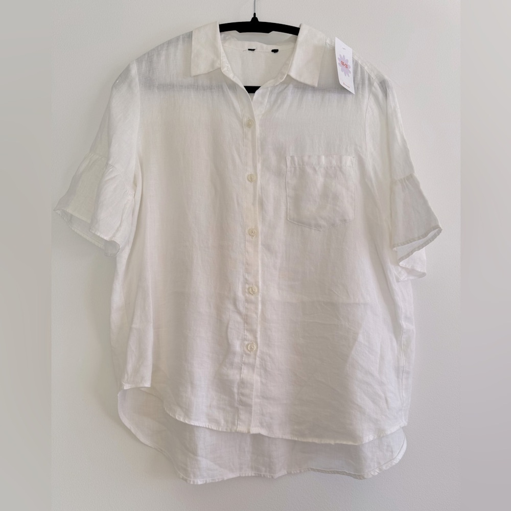 Linen flounced boho sleeve white button up shirt